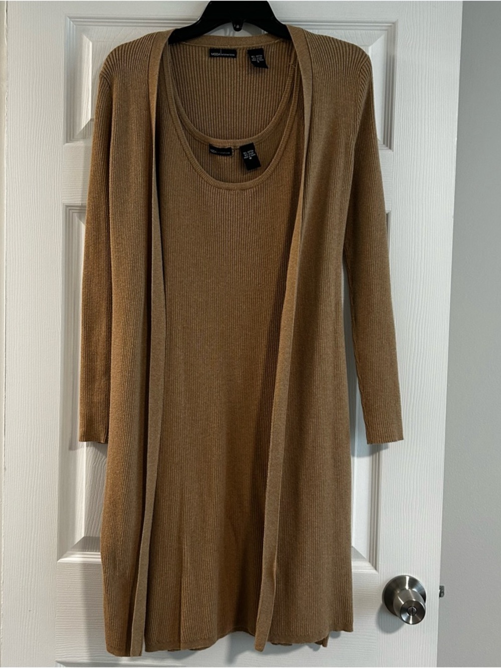 Moda International Long Sleeve Ribbed Tank Dress & Open Cardigan - Camel Brown - Picture 2 of 5